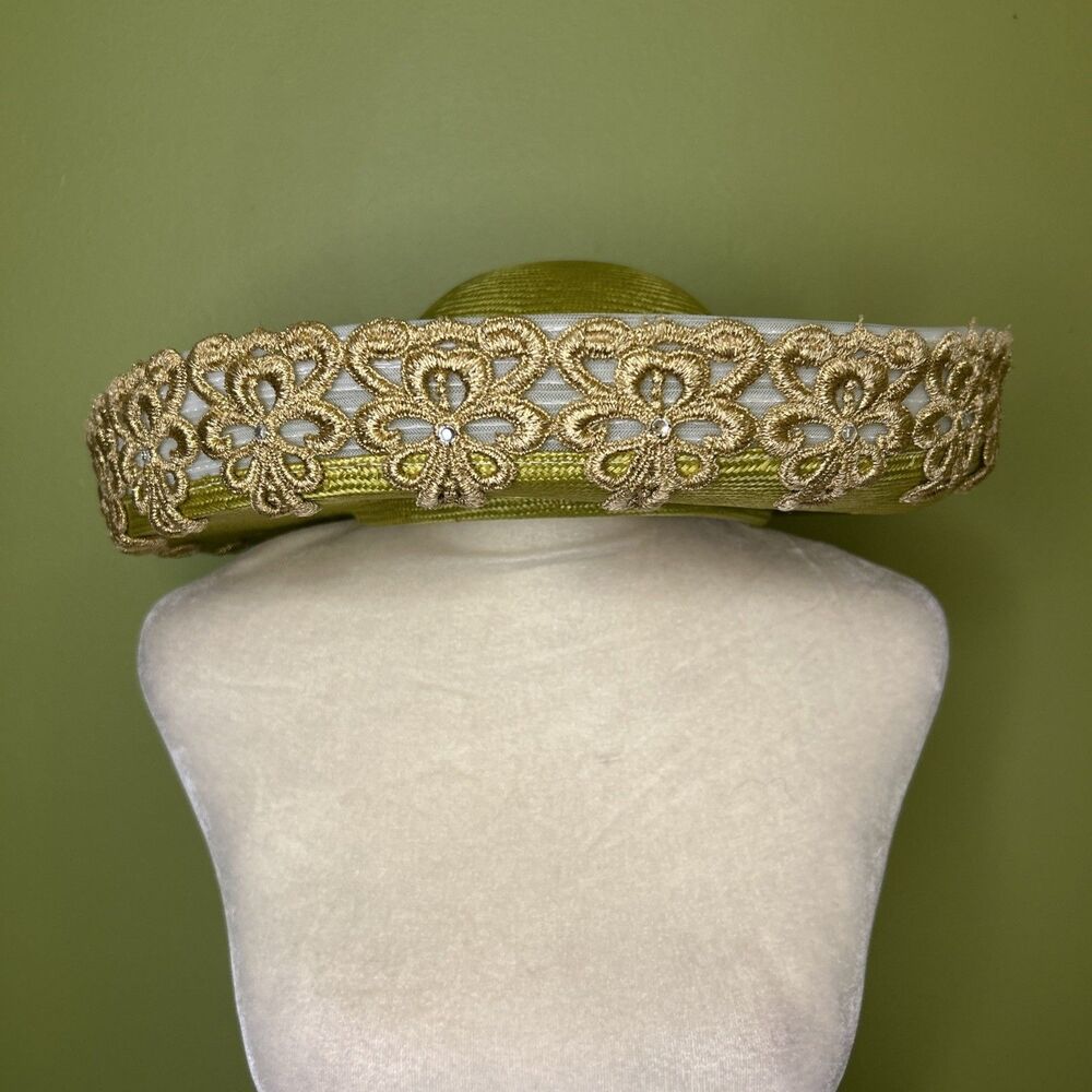 Mr John Vintage Hat 1980s style wide brim green gold white trim Flawed stained